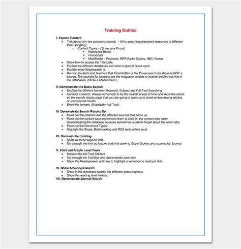 training  outline template  word writing outline word
