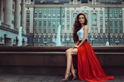 Women Model Redhead High Heels Red Dress White Tops