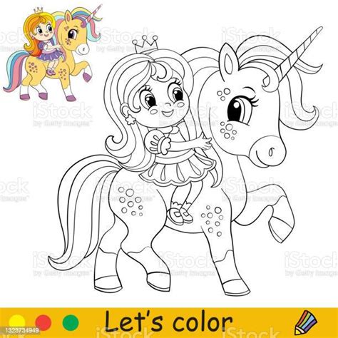 cartoon cute girl riding  magical unicorn coloring stock illustration