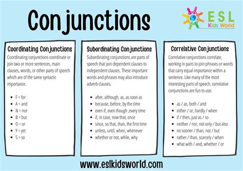 types  conjunctions  english    conjunction esl kids world