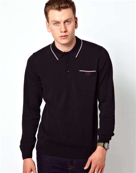 Lyst Fred Perry Long Sleeve Knitted Polo In Blue For Men