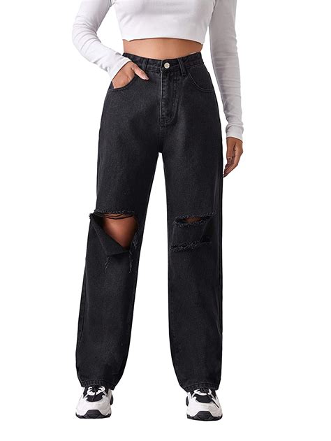 Buy Shein Women S High Waist Ripped Baggy Jeans Distressed Denim Long