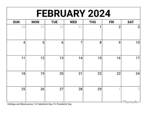 february  blank calendar  holidays templates calendar
