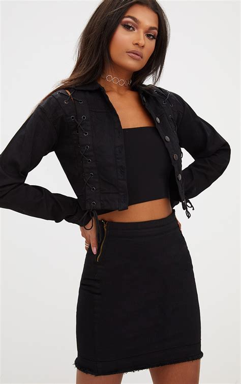 black lace up cropped denim jacket denim prettylittlething