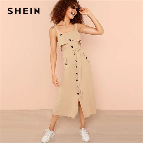 buy shein khaki elegant casual foldover front belted slit hem ruffle button