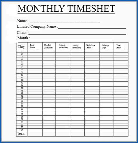 printable monthly time sheets  printable templates