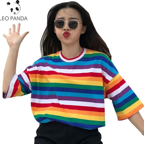 2018 summer colourful stripe tees causal women short sleeve rainbow