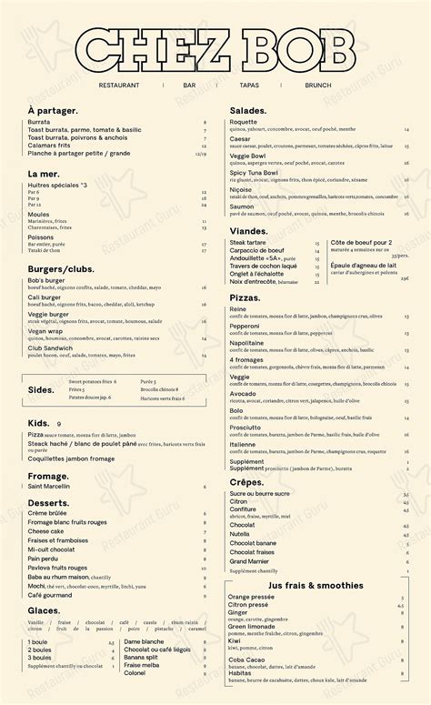 menu  chez bob restaurant saint palais sur mer