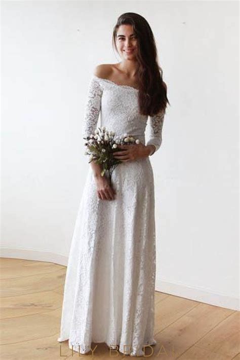 Off The Shoulder 3 4 Sleeve Floor Length Floral Lace Wedding Dress