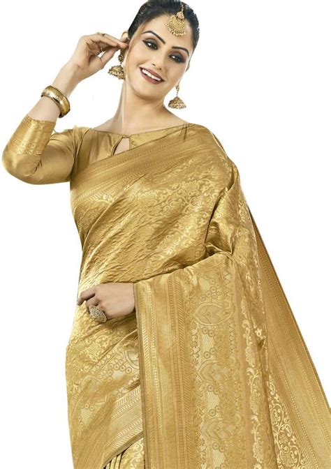 golden woven kanchipuram silk saree with blouse viva n diva 3336523
