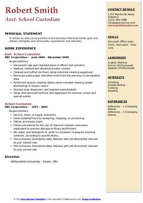 custodian resume skills background wajo