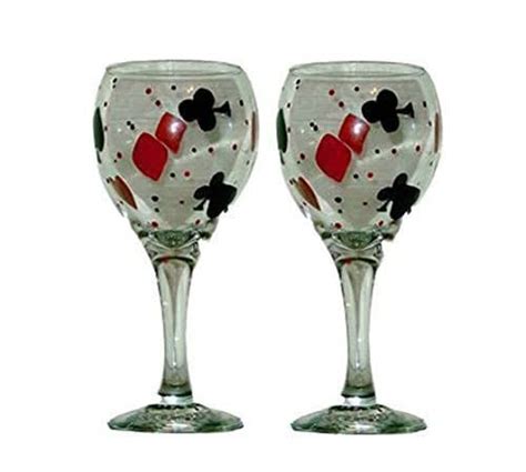Wine Glass Set Of 2 Hand Painted In Black And Red Playing