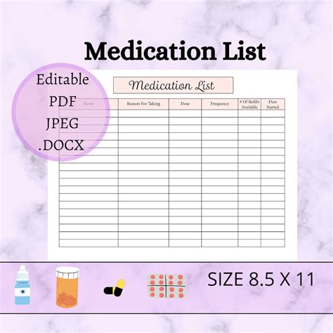 medication list editable  printable template  jpg docx