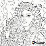 Coloring Pages Hair Girl Long Women Woman Flowers Beautiful Adults Printable Book Her Curly Girls Adult Crazy Recolor Beauty Drawing sketch template