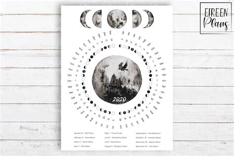 printable  moon phases calendar  moon names  digital
