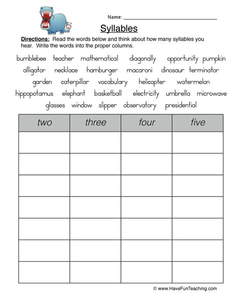 syllable words worksheets
