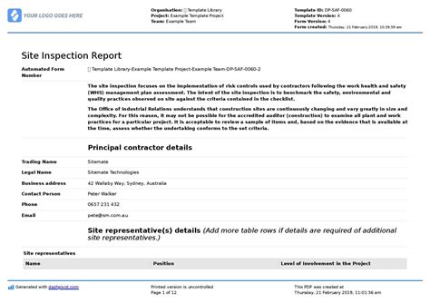 site inspection report  template sample   proven  regard