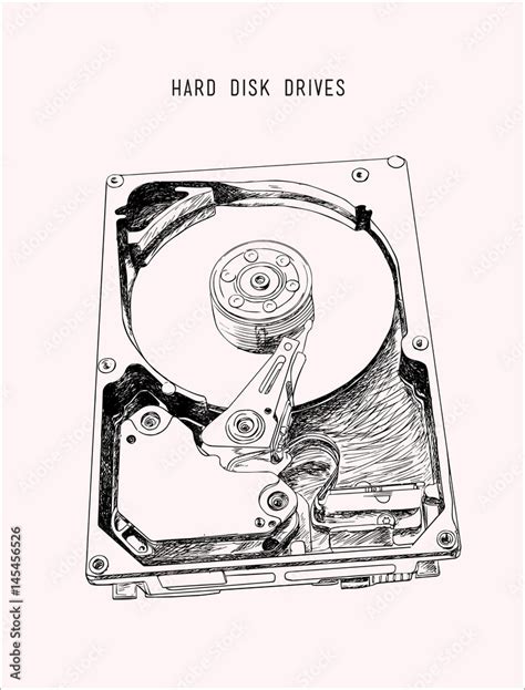 opened hard disk drive isometric vector illustration highly detailed hand drawn sketch