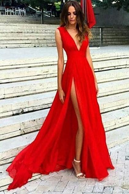 sexy deep v neck red side slit sleeveless prom dress red prom gowns simibridaldress