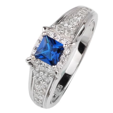 Sterling Silver Women Promise Ring Princess Cut Sapphire Blue Cubic