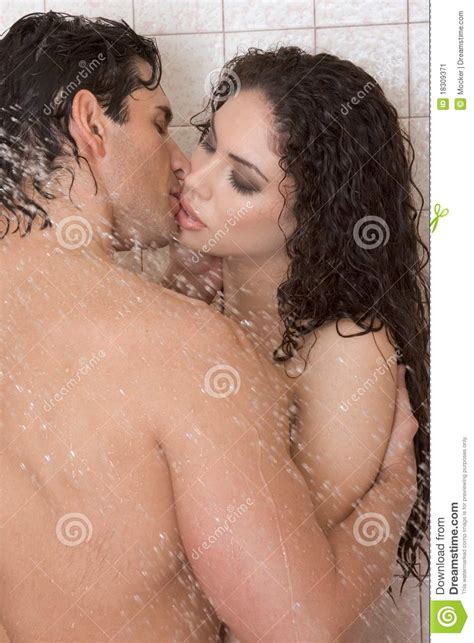 Naked Man And Woman In Love Are Kissing In Shower Stock