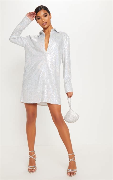 Silver Sequin Shirt Dress Dresses Prettylittlething Usa