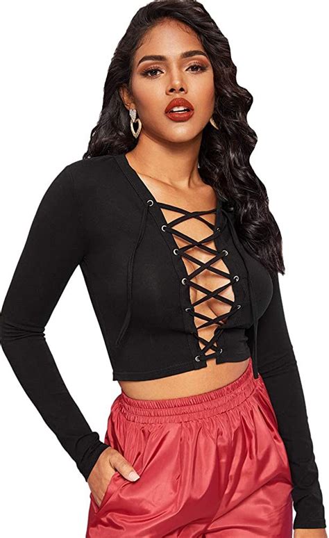 Verdusa Women S Lace Up Front Long Sleeve Crop Tee Top Black Xs At