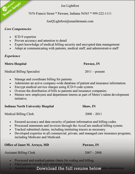 sample resume  medical billing  coding resume  gallery