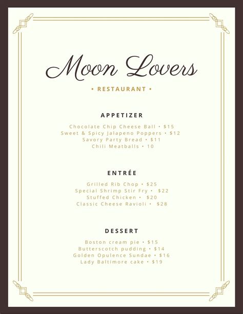 menu  moon lovers restaurant