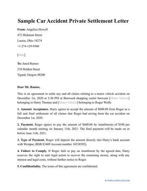 sample car accident private settlement letter  printable