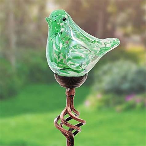 Exhart Solar Green Hand Blown Glass Bird Yard Stakes Bird Garden Stake