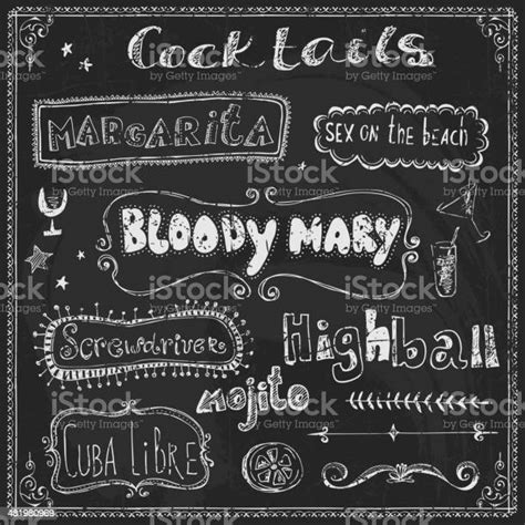 cocktails doodles chalk lettering stock illustration download image