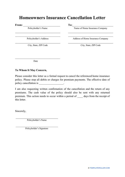 homeowners insurance cancellation letter template  printable