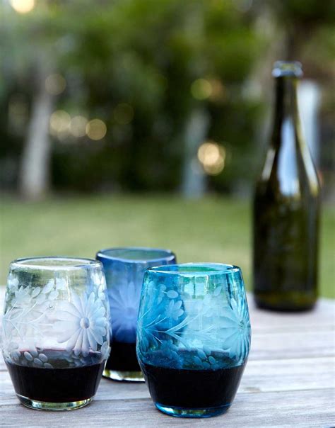 Hand Etched Recycled Stemless Wine Glass Fair Trade Dark Blue The