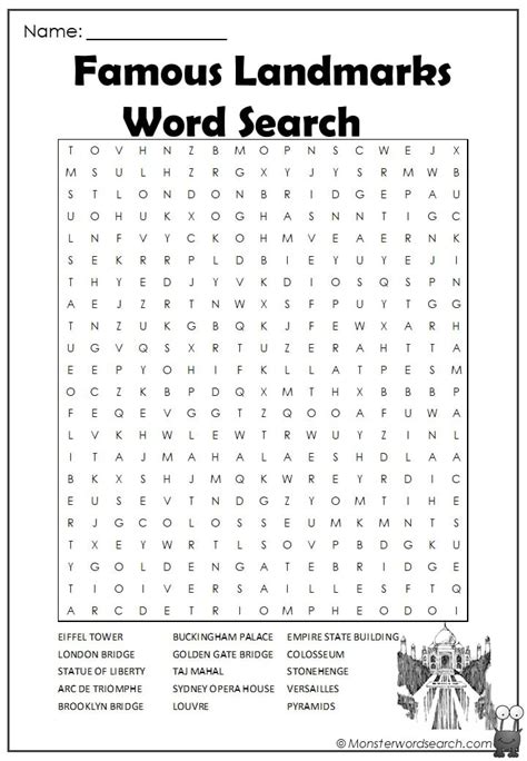 famous landmarks word search monster word search