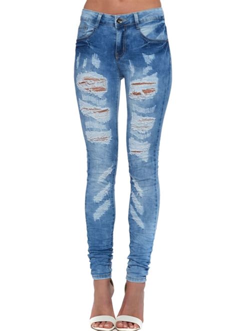 High Waisted Denim Blue Distressed Ripped Stretchy Jeans