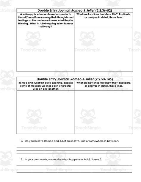 Romeo And Juliet Act 2 Scenes 1 2 Double Entry Journals By Teach Simple