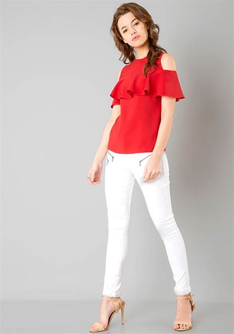 buy women ruffled cold shoulder top red blouses  india faballey