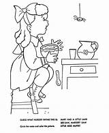 Little Nursery Coloring Rhymes Muffet Miss Rhyme Bluebonkers Mother Goose Pages Printable Quiz Embroidery Fun Sheets Characters Muffett Visit sketch template