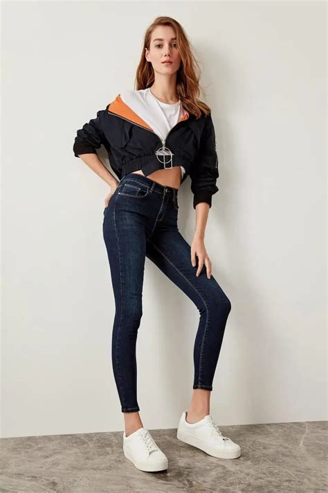 trendyol navy blue normal waist skinny jeans twosslr  jeans  womens clothing