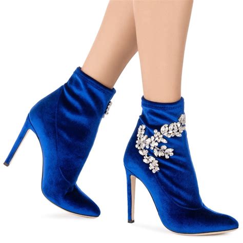 autumn newest royal blue velvet high heel short boots woman sexy crystal flower embellished thin