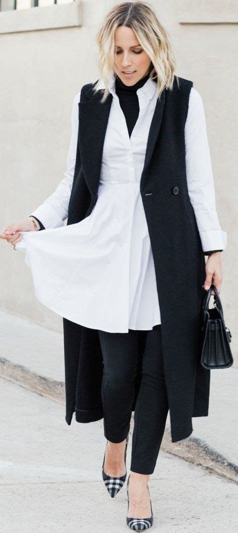 trending black  white outfit ideas  fall black coat white