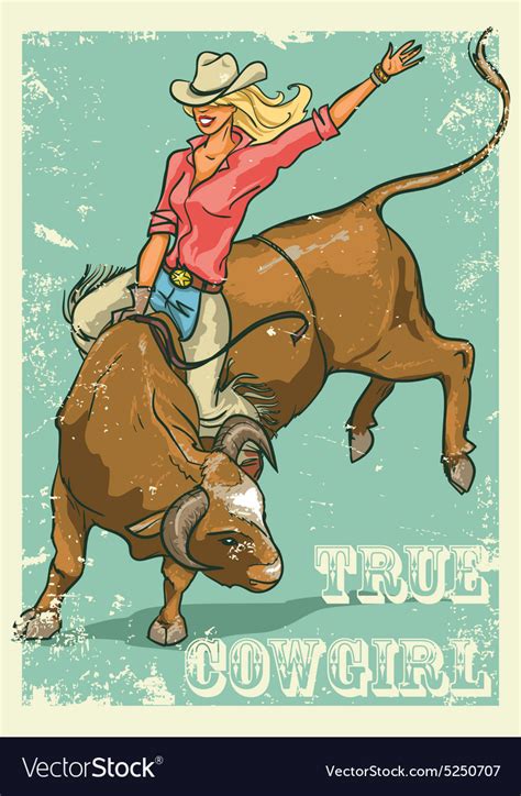 rodeo cowgirl riding a bull retro style poster vector image