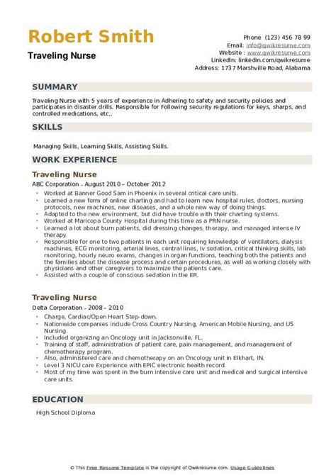 traveling nurse resume samples qwikresume