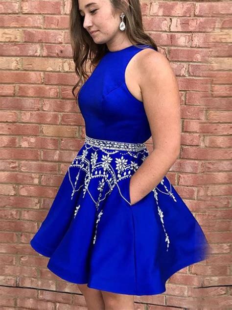 Royal Blue Homecoming Dresses Scoop Rhinestone Sparkly
