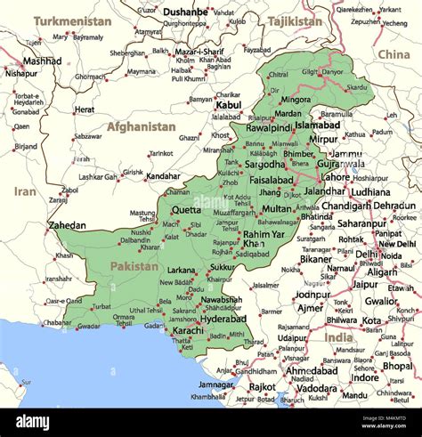 map  pakistan shows country borders urban areas place names  roads labels  english