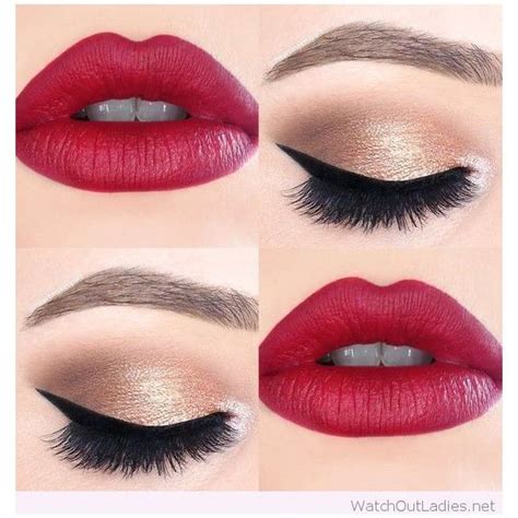 gold and black eye makeup with hot red lips liked on polyvore featuring