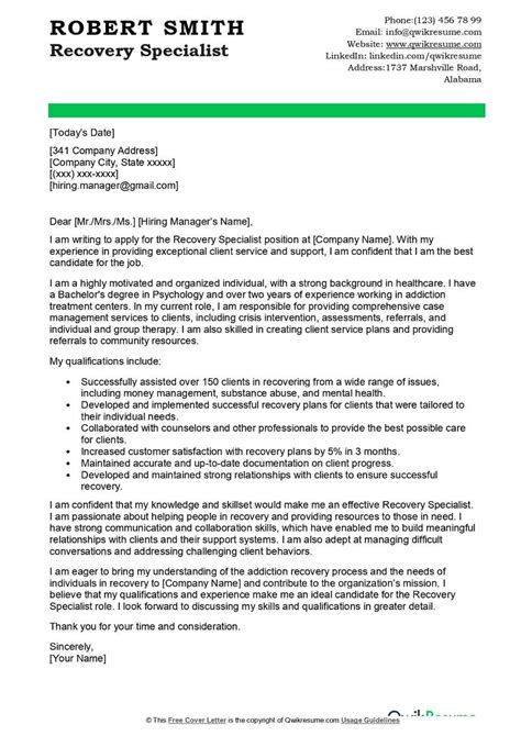 recovery specialist cover letter examples qwikresume