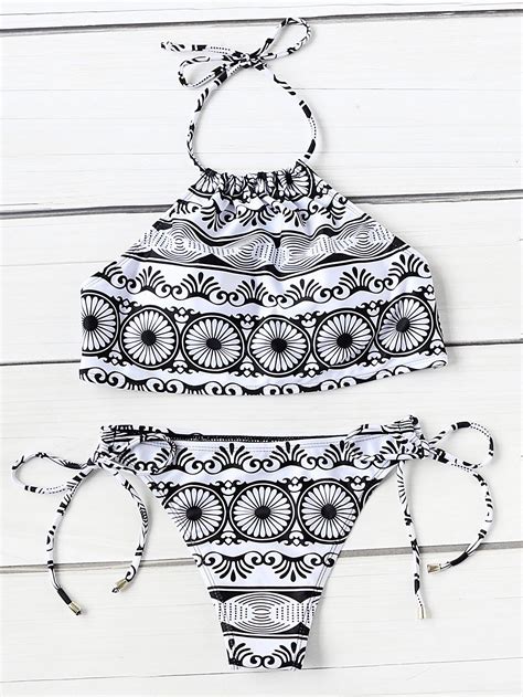 shop tribal print side tie halter bikini set online shein offers