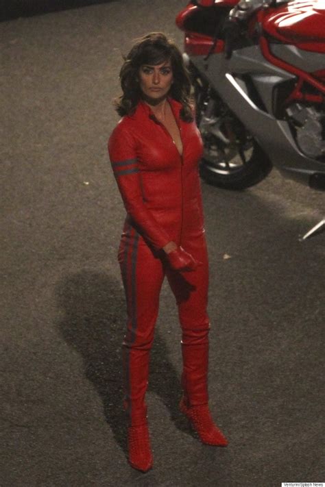 penelope cruz stuns in red leather jumpsuit on the set of